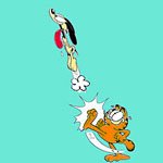 Garfield kicks ass! Garfield tritt Oldie in den Hintern, so daß dieser steil nach oben fliegt