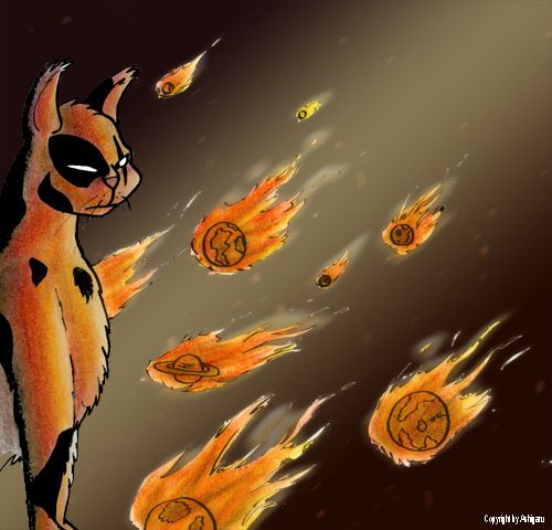 stolze Katze vor brennenden Planeten