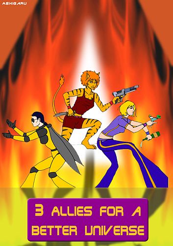 Eine Katzenfrau, eine Insektenfrau und eine Frau mit einem Cocktail in der Hand