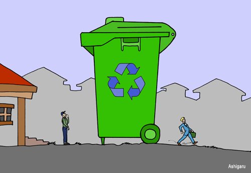 Ein Mann hat eine �berdimensional gro�e gr�ne M�lltonne vor dem Haus stehen